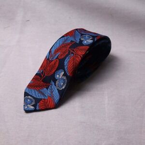 Christian‎ Dior Men's Silk Necktie Navy Blue Red Blue Leaf Pattern